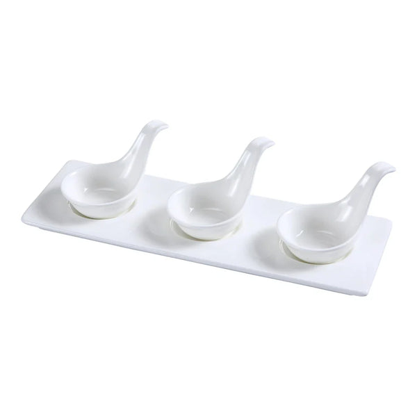 Yanco PS-721 White Porcelain Piscataway Condiment Server Set with 3 Spoons and a 10-1/2" x 3-1/2" Tray, Case of 12