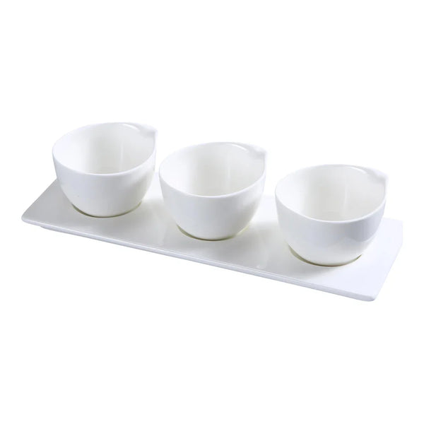 Yanco PS-722 Piscataway White Porcelain Condiment Server Set with 3 Cups and 10-1/2" X 3-1/2" Tray, Pack of 12