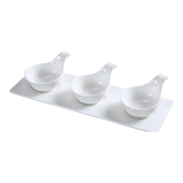 Yanco PS-723 White Porcelain Piscataway Condiment Server Set with 3 Spoons and a 13-1/2" x 4-1/2" Tray, Case of 12