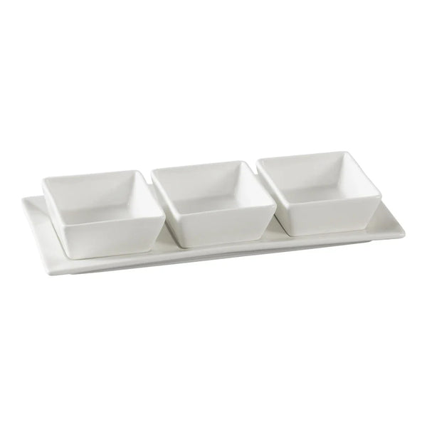 Yanco PS-724 White Porcelain Piscataway Condiment Server Set with 3 Square Bowls and 10-1/4" X 4-1/4" Tray Set, Pack of 12