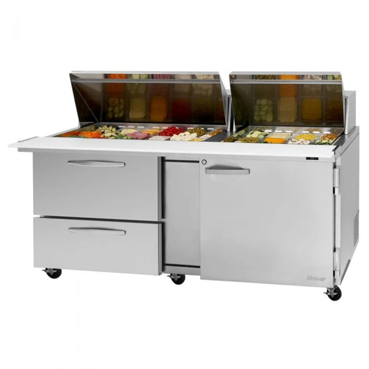 Turbo Air PST-72-30-D4-N-SL 72 5/8" 2 Section Sandwich/Salad Prep Table, 23 cu. Ft., 115/60/1 - w/ Removable Slide Back Lid