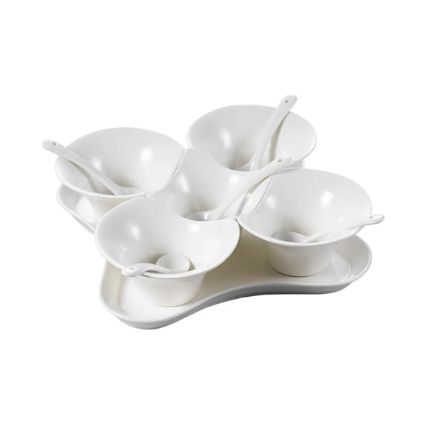 CAC China PTB-11SET Condiment Set W/ 5 Cups 4ozx5, 5 Spoons & Tray [Cup I Tray] 4 3/8 I 8 3/4" Set