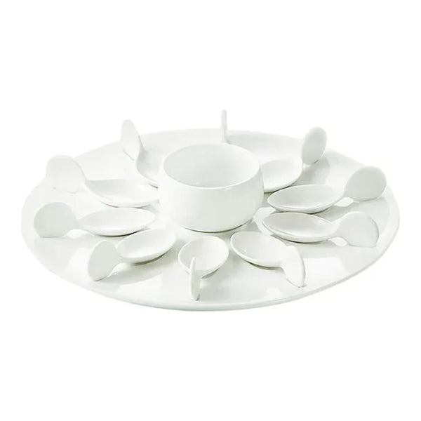 CAC China PTP-21-W White Bowl 7oz & 10 Tasting Spoons W/ Round White Tray [Spoon I Tray I Bowl] 4 I 12 1/4 I 3 1/2" Set