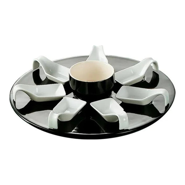 CAC China PTP-23-BLK Black/White Bowl 7oz & 7 Square Spoons 0.5ozx7 W/ Round Black Tray [Spoon I Tray I Bowl] 3 3/4 I 12 3/4 I 3 1/2" Set