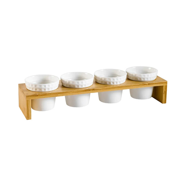 CAC China PTW-4 4 Round Bowls 5ozx4 W/ Rect. Bamboo Stand [Bowl I Stand] 3 1/2 I 15 3/4" Set