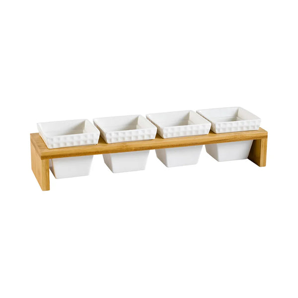 CAC China PTW-5 4 Square Bowls 7ozx4 W/ Rect. Bamboo Stand [Bowl I Stand] 3 1/2 I 15 3/4" Set