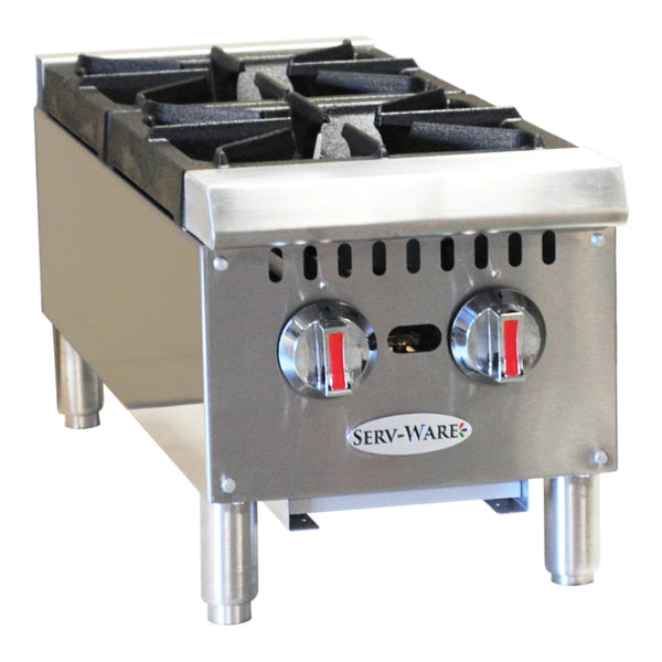 Serv-Ware SHPS-12 12” Stainless Steel  Hotplate with 2 Burners, Gas, 25,000 BTU/H