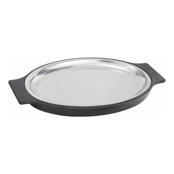 Winco SIZ-11ST Sizzle Platter Set, Oval, 11", Stainless Steel with Bakelite Underliner