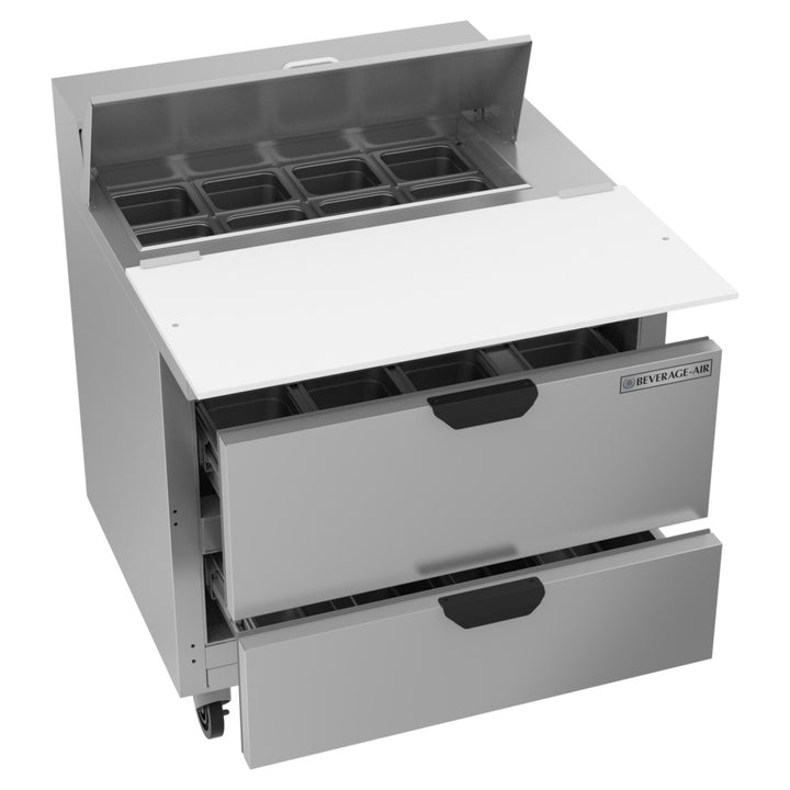 Beverage-Air SPED36HC-08C-2 36" Two Drawer 8-Pan Mega Top Refrigerated Salad Prep Table with 17" Deep Cutting Board