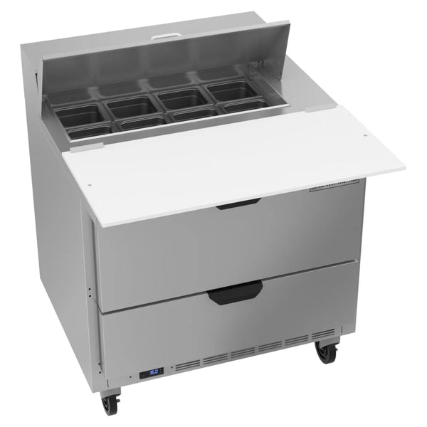 Beverage-Air SPED36HC-08C-2 36" Two Drawer 8-Pan Mega Top Refrigerated Salad Prep Table with 17" Deep Cutting Board