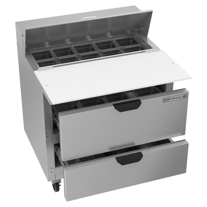 Beverage-Air SPED36HC-10C-2 36" Two Drawer Cutting Top Refrigerated Sandwich Prep Table with 17" Wide Cutting Board