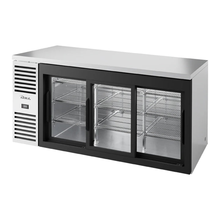 True TBR72-RISZ1-L-S-111-1 72" Stainless Steel Sliding Glass Door Narrow Back Bar Refrigerator