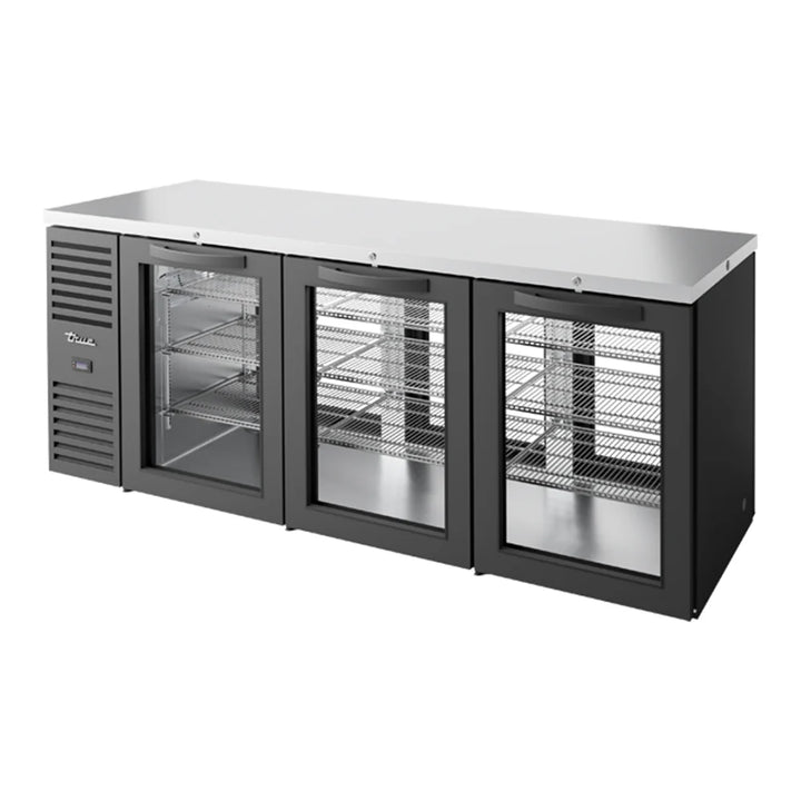 True TBR84-PTSZ1-L-B-GGG-GGG-1 84" Black Glass Door Pass-Through Back Bar Refrigerator