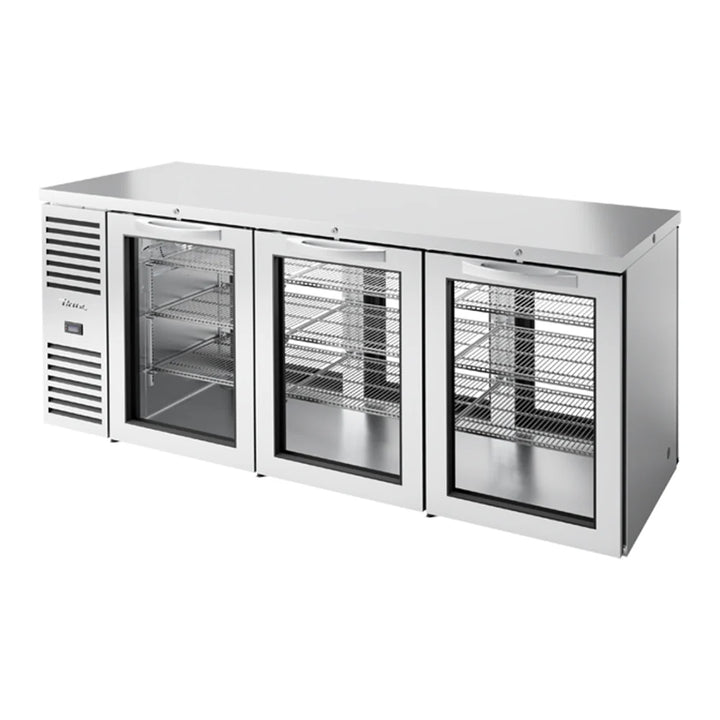 True TBR84-PTSZ1-L-S-GGG-GGG-1 84" Stainless Steel Glass Door Pass-Through Back Bar Refrigerator