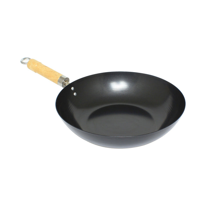 Thunder Group TF001 12" Diameter x 3" Deep, Non-Stick Coating Wok, Carbon Steel with 7-1/4" Wooden Handle, Made in Taiwan