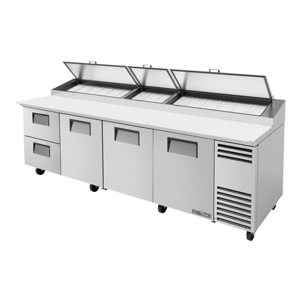 True TPP-AT-119D-2-HC 119 1/4" Refrigerated Pizza Prep Table with Two Drawers and Three Doors