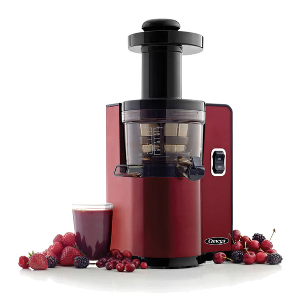 Omega VSJ843QR Vertical Masticating Juicer, Compact Cold Press Juicer Machine with Automatic Pulp Ejection, 150 W, Red