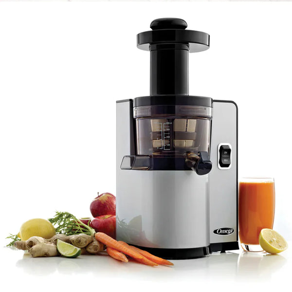 Omega VSJ843QS Silver Vertical Masticating 150-Watt, 43 RPM Compact Cold Press Juicer Machine