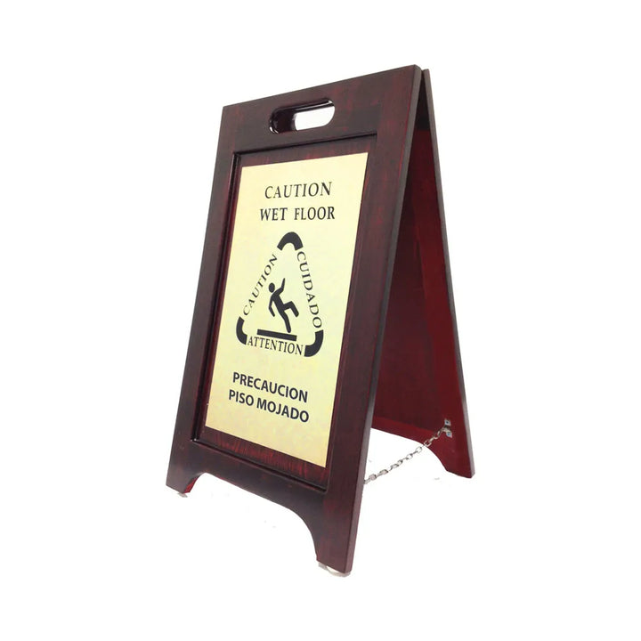 Hospitality 1 Source WWFBR Wooden Wet Floor Sign Bilingual — Walnut w/ Brass Plating Case Pack of 2 Pieces