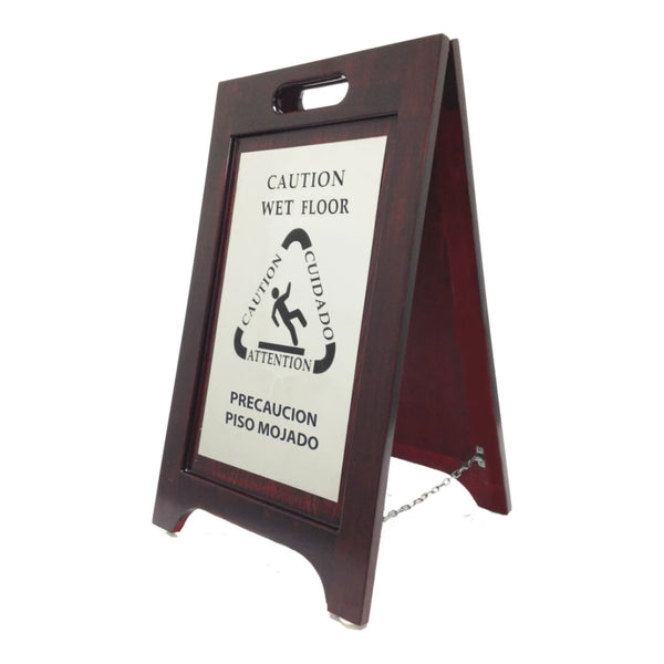 Hospitality 1 Source WWFBR Wooden Wet Floor Sign Bilingual — Walnut w/ Brass Plating Case Pack of 2 Pieces