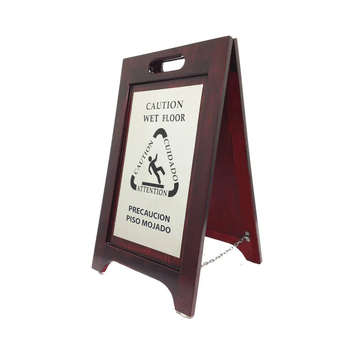 Hospitality 1 Source WWFNI Wooden Wet Floor Sign Bilingual — Walnut w/ Nickel Plating Case Pack of 2 Pieces