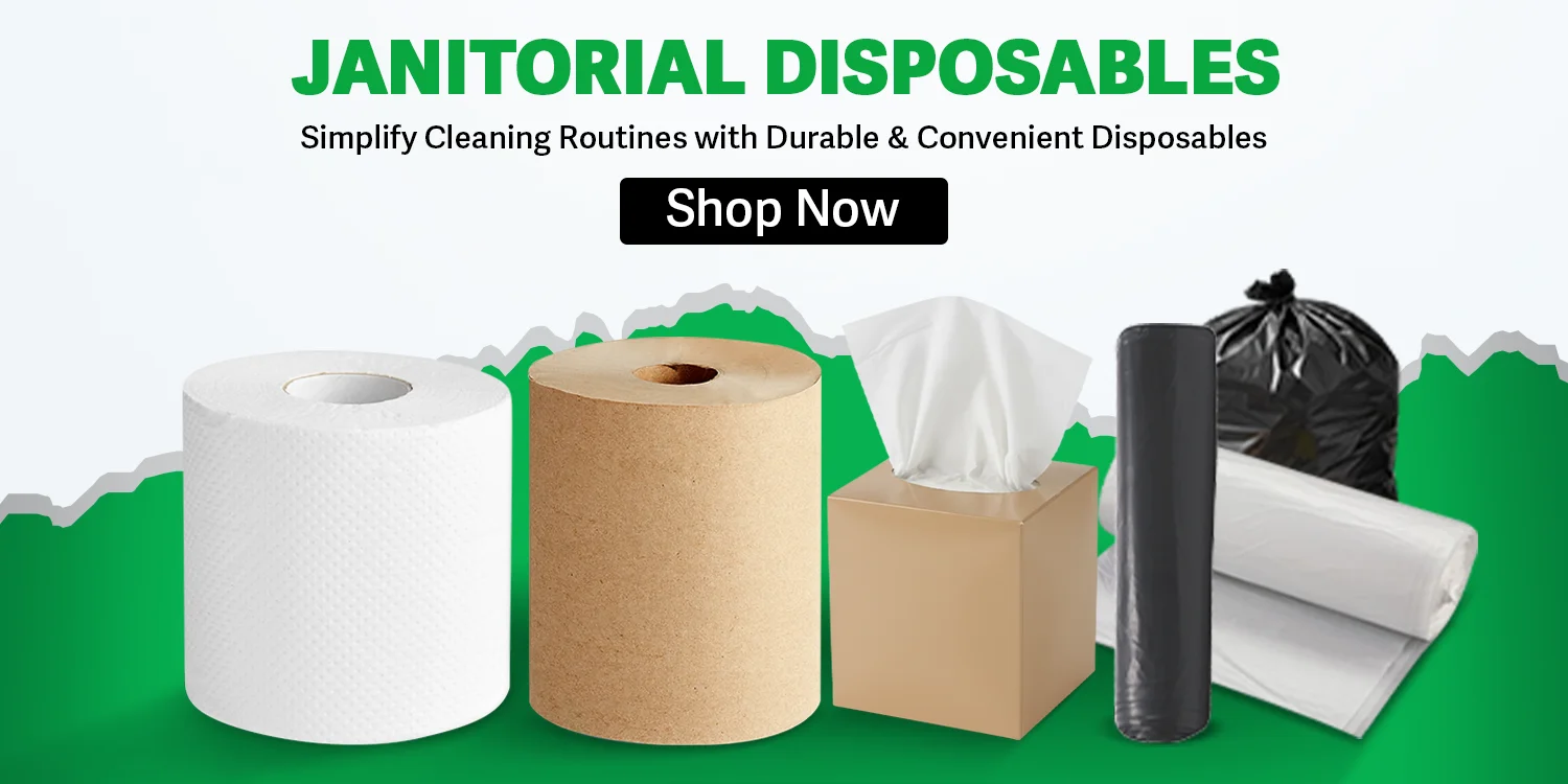 disposable cleaning supplies including gloves, trash bags, and cleaning cloths arranged on a bright background with promotional text.
