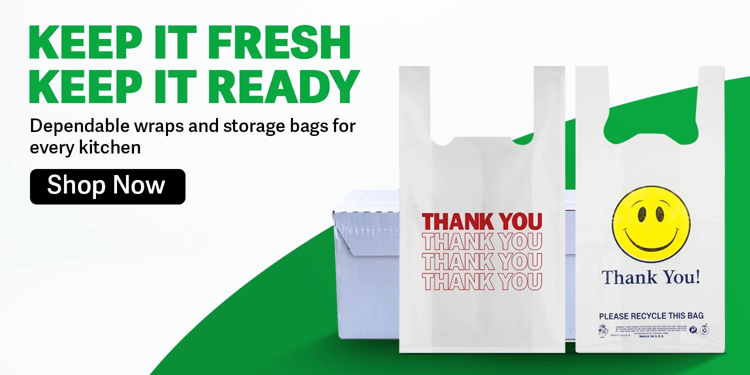 disposable cleaning supplies including gloves, trash bags, and cleaning cloths arranged on a bright background with promotional text.