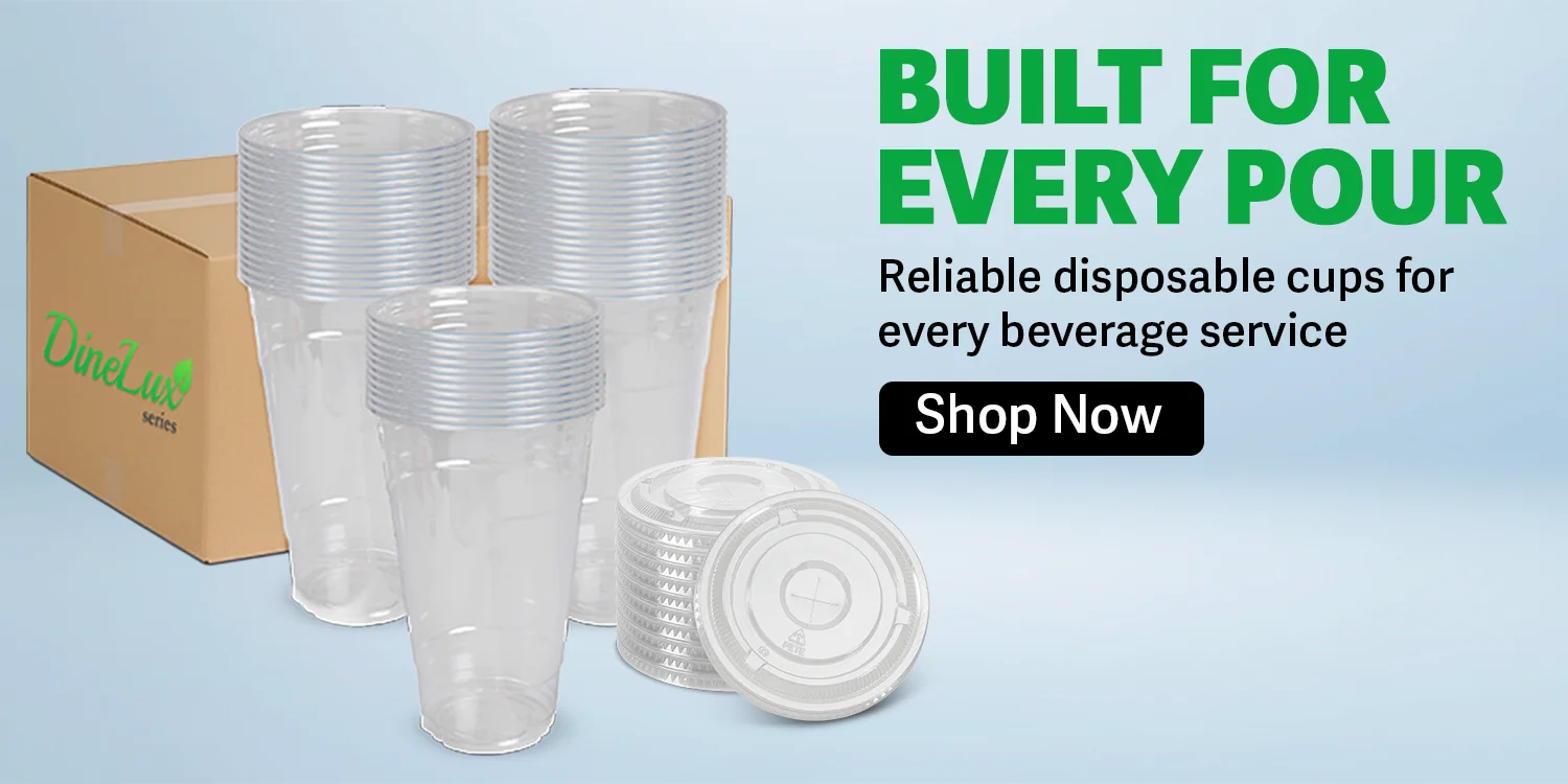 disposable cleaning supplies including gloves, trash bags, and cleaning cloths arranged on a bright background with promotional text.