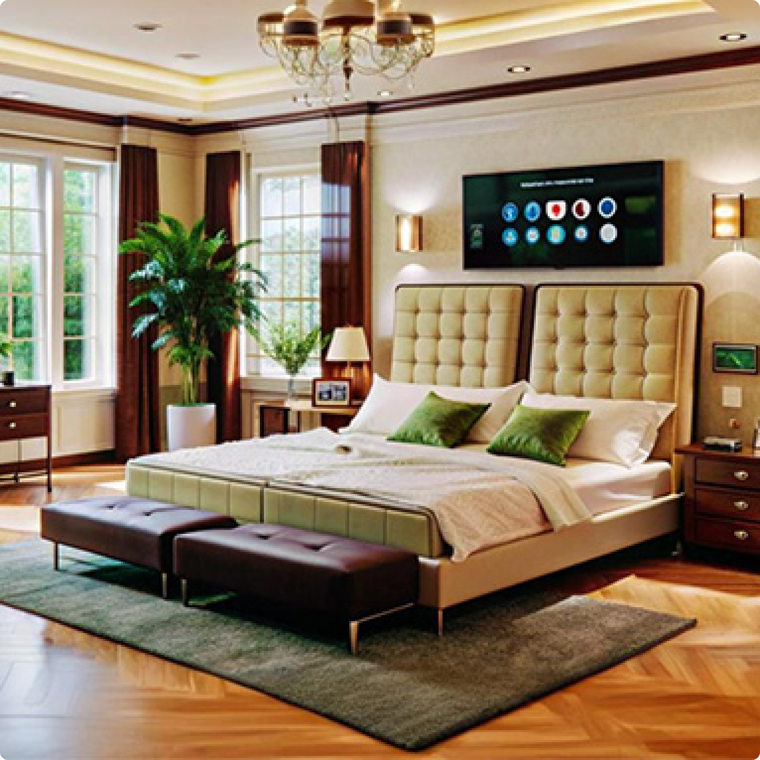 Luxury hotel room with large bed, tufted headboard, green cushions, bedside tables, lamps, and modern decor creating a comfortable atmosphere.
