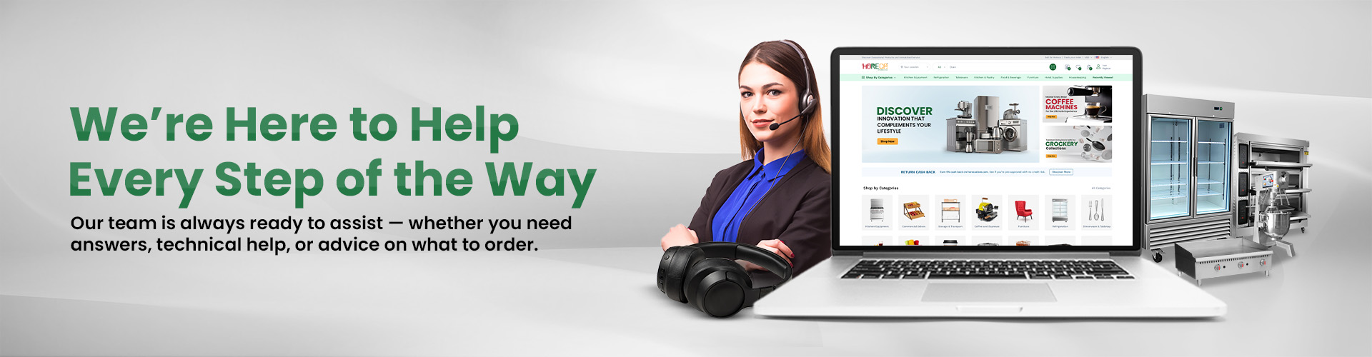 Close-up of cozy kitchen scene with text “WE’VE GOT YOU. ALWAYS” and promise of friendly support, real people, no guesswork—clean, welcoming vibe